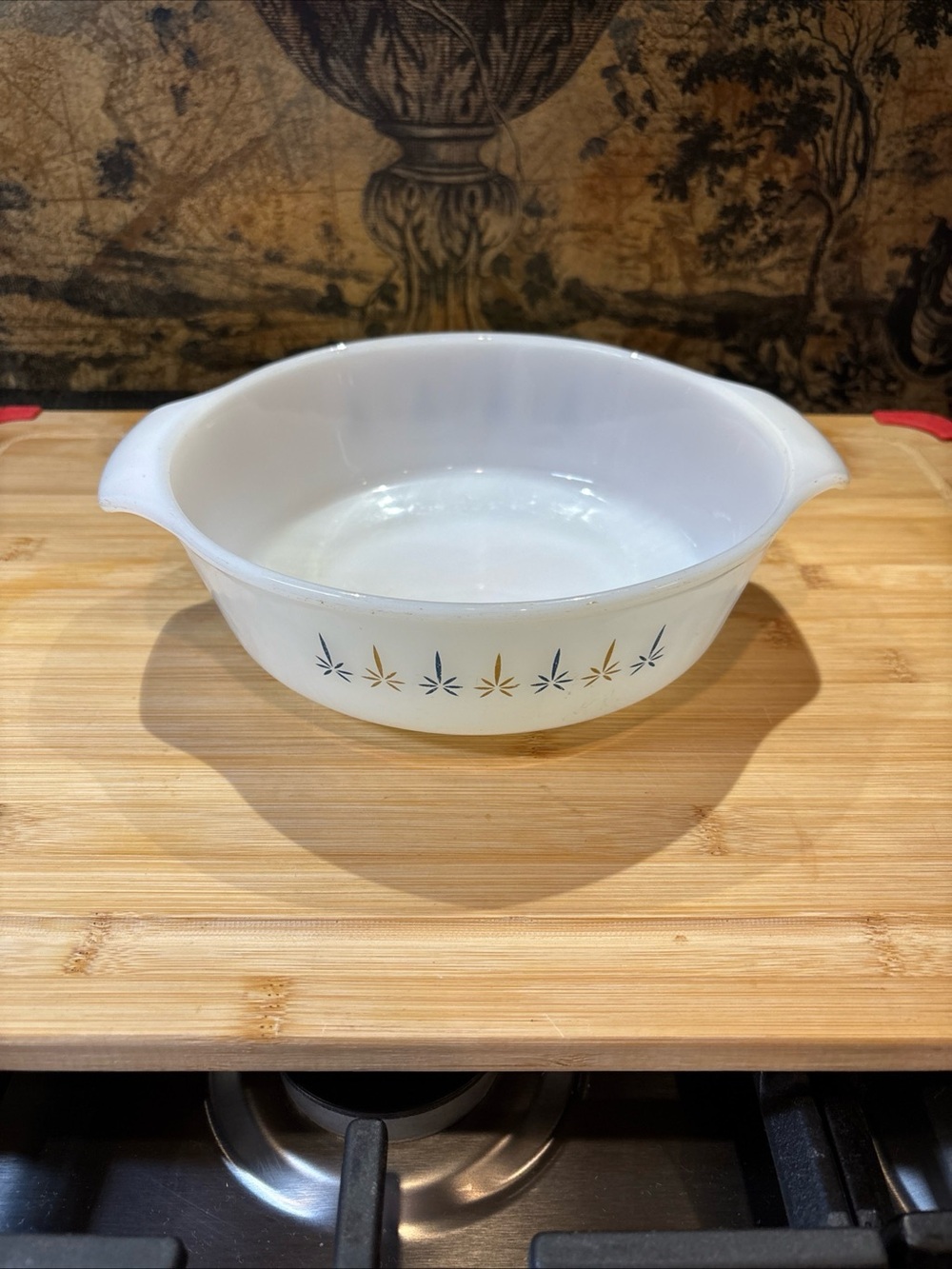 Anchor Hocking White Casserole with Blue & Gold Floral Motif